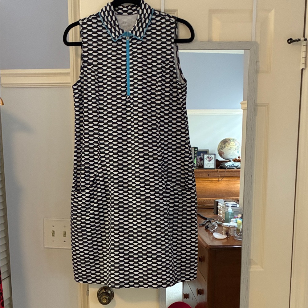 Jofit Black and White Geometric Sleeveless Polo Dress with Teal Zip
